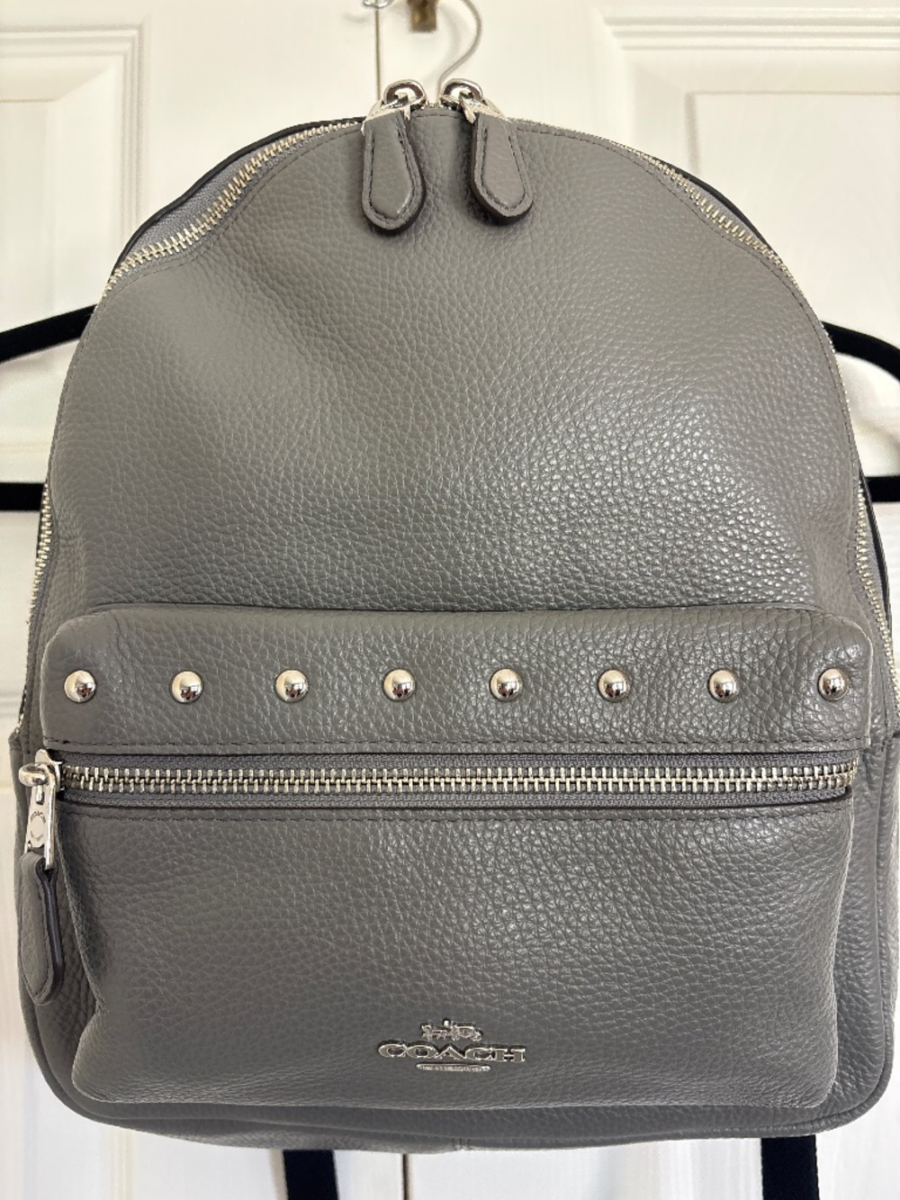 Coach pebbled leather backpack in charcoal gray with silver hardware